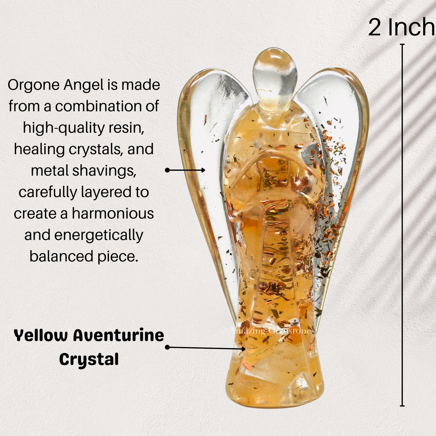 Amazing Gemstone Yellow Aventurine Guardian Angel Figurine Pocket Crystal Angel for Protection - Orgone Guardian Angel with Orgonite Layer and Natural Crystal for Healing Gift (2 Inch, Organite)
