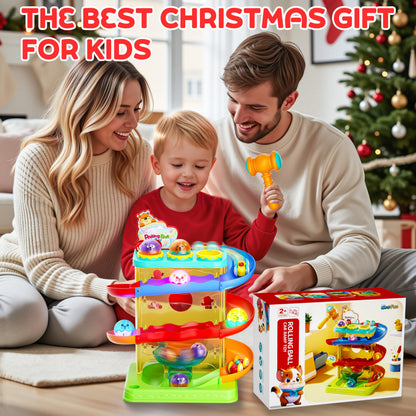 2-in-1 Rolling Ball & Car Ramp Race Track for Toddlers, Hammer Ball Drop Toy for Boys & Girls, Interactive Toys w/Sensor Lights - Montessori STEM Learning Toys - Brithday Gift for Kids 1-5+ Year Old