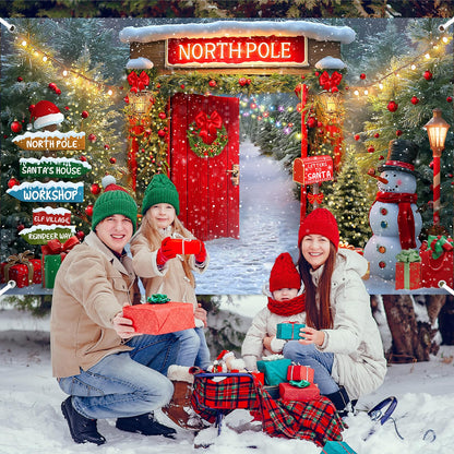 Lecheme Christmas Backdrop for Photography North Pole Santa's House Banner Snowy Forest Red Barn Door Christmas Banner Xmas Holiday Family Photo Background Party Decorations