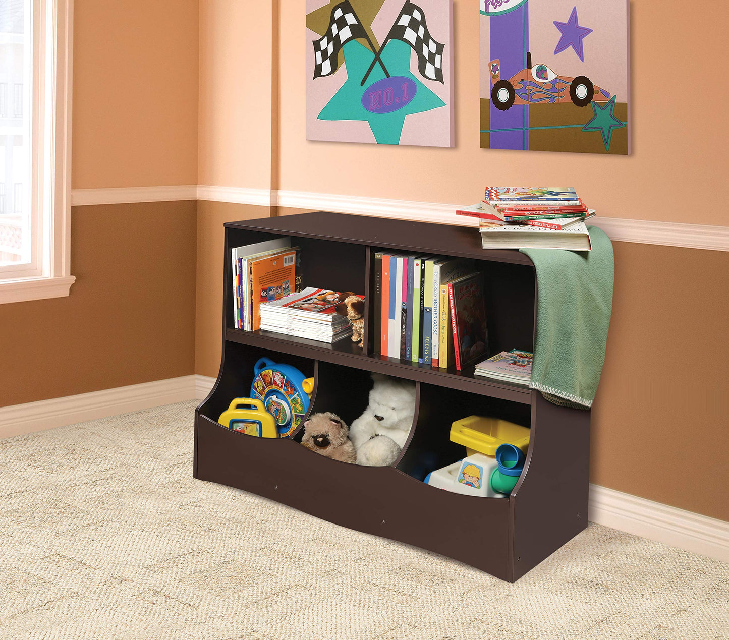 Badger Basket Multi-Bin Toy Storage Organizer and Bookshelf - Kids Cubby Shelf with 3 Bins, 2 Open Shelves, Top Display Surface - Wood Storage Unit for Playroom or Bedroom - Espresso