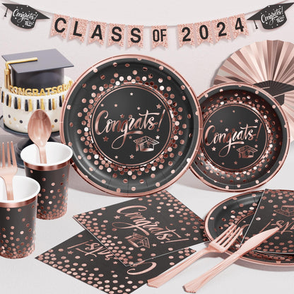 Ecomore 2026 Graduation Party Supplies - 175 PCS Congrats Grad Disposable Dinnerware Set w/Rose Gold Paper Plates Cups Napkins & Plastic Cutlery, Serves 25 Guests for School College Grad Celebration
