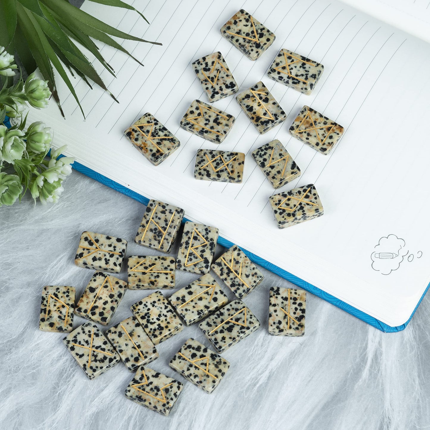Crocon Dalmatian Jasper Rectangle Shape Gemstone Runes with Elder Futhark Alphabet Engraved 25 pcs Rune Set Crystal Divination Metaphysical Healing Chakra Reiki Runes Set with a Pouch Size : 20-25mm