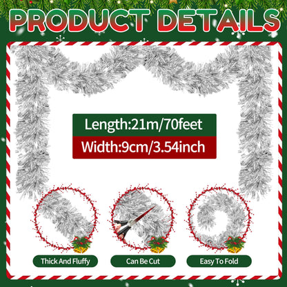 70 Ft Christmas Tinsel Garland Metallic Tinsel Twist Garland Glitter Christmas Tree Hanging Decorations for New Year Party Birthday Holiday Indoor Outdoor Supplies