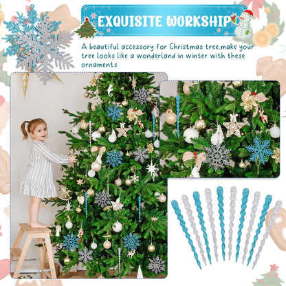 Deekin 72 Pieces Snowflake Icicle Ornaments for Christmas Tree Snowflake Twisted Icicles Glitter Hanging Decorations for Winter Xmas Tree New Year Party Supplies (Light Blue and Silver)
