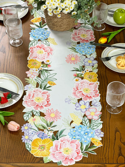 KEVA Floral Spring Table Runner 13x72inch, Flower Cutwork Embroidered Table Runner & PLACEMAT, Easter Seasonal Spring Table Decorations for Kitchen Dining Table (13x72')
