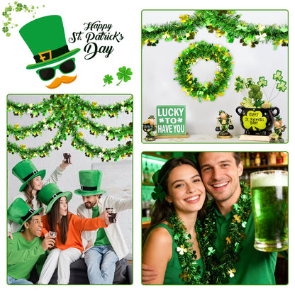 33FT St Patricks Day Decorations Gold Green Shamrock Hat Tinsel Garland, Shiny Metallic Hanging Shamrock Garland Streamer Saint Patricks Day Decor for St Patrick's Day Home Indoor Outdoor Irish Party