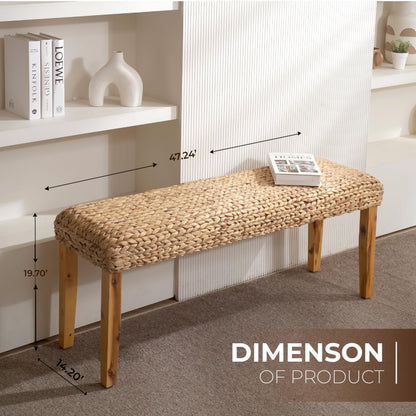 Solid Wood Acacia Indoor Bench with Natural Woven Seat, 47 Inch Wood Bench for Living Room or Entryway Benc, Bedroom End of Bed Bench or Dining Benches, Window Bench (Fishbone, Water Hyacinth)