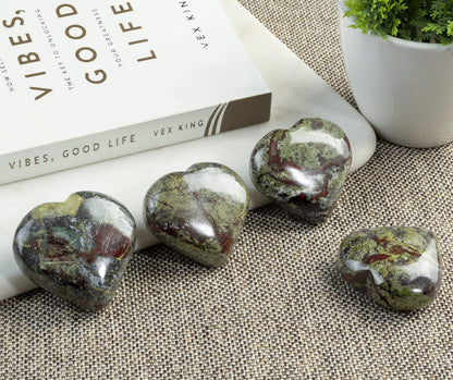 Crocon® 50mm Dragon Bloodstone Heart stone Big Heart Shape Puff Stones Set 450+ Carats Pocket Crystal Healing Tumble Collection Palm Worry Stone Good Luck Charm Meditation Gift Craft Home Decor