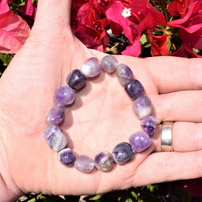 Zenergy Gems CHARGED 6.5" Amethyst Crystal Bracelet Tumble Polished Stretchy + Selenite Heart Charging Crystal (OPEN & HEAL THE HEART CHAKRA - SOOTHE HURT, LONELINESS & ANXIETY)