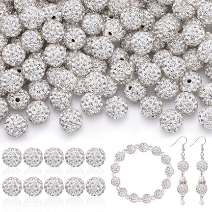 105pcs 10mm Rhinestone Beads for Jewelry Making, White Shiny Round Disco Ball Beads Bulk, Sparkle Crystal Clay Christmas Bead for Bracelet Baseball Necklace Earring Crafting and DIY