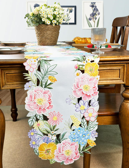KEVA Floral Spring Table Runner 13x72inch, Flower Cutwork Embroidered Table Runner & PLACEMAT, Easter Seasonal Spring Table Decorations for Kitchen Dining Table (13x72')