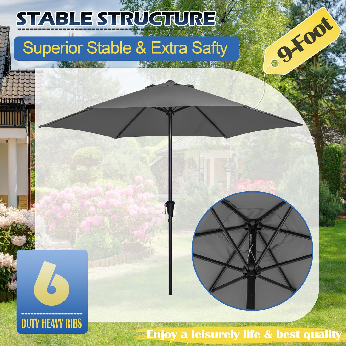 Sunnyglade 9FT Outdoor Patio Umbrella, Market & Table Umbrella with 6 Sturdy Ribs and Crank System, Fade-resistant & Waterproof for Garden Backyard Poolside Deck (Grey, 9FT)