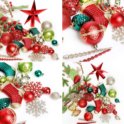 ROSELEAF 132pcs Christmas Tree Decoration Set - Red, Green & Gold Shatterproof Hanging Ornaments - Folk Art Style - Christmas, Wedding, Anniversary