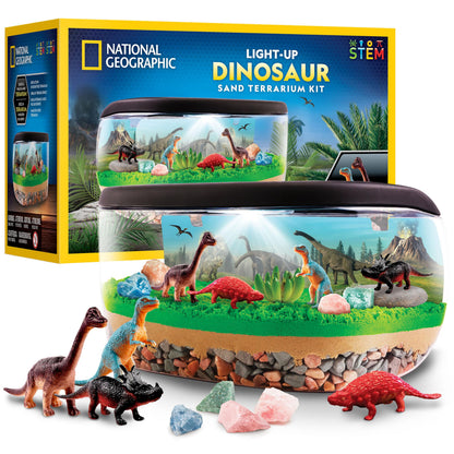 National Geographic Light-Up Dinosaur Terrarium Kit for Kids – Build a Prehistoric Habitat with Play Sand, Real Gemstones & Dino Figures, Science Activity Kit for Boys & Girls