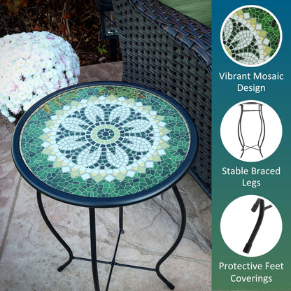 MooneLit Creations Green Mosaic Glass Accent Side Table & Plant Stand – Great Gift, Perfect for Indoor/Outdoor Use, Decorative Metal Pedestal for Patio, Garden & Home Décor