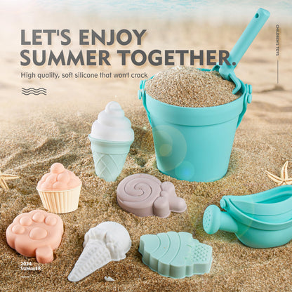 MarcZero 17Pcs Silicone Beach Toys,Modern Baby Beach Toys,Travel Friendly Beach Set,Silicone Bucket, Watering Can, Shovel, 12 Sand Molds, Beach Bag,Silicone Sand Toys for Toddlers, Kids (Mint Green)