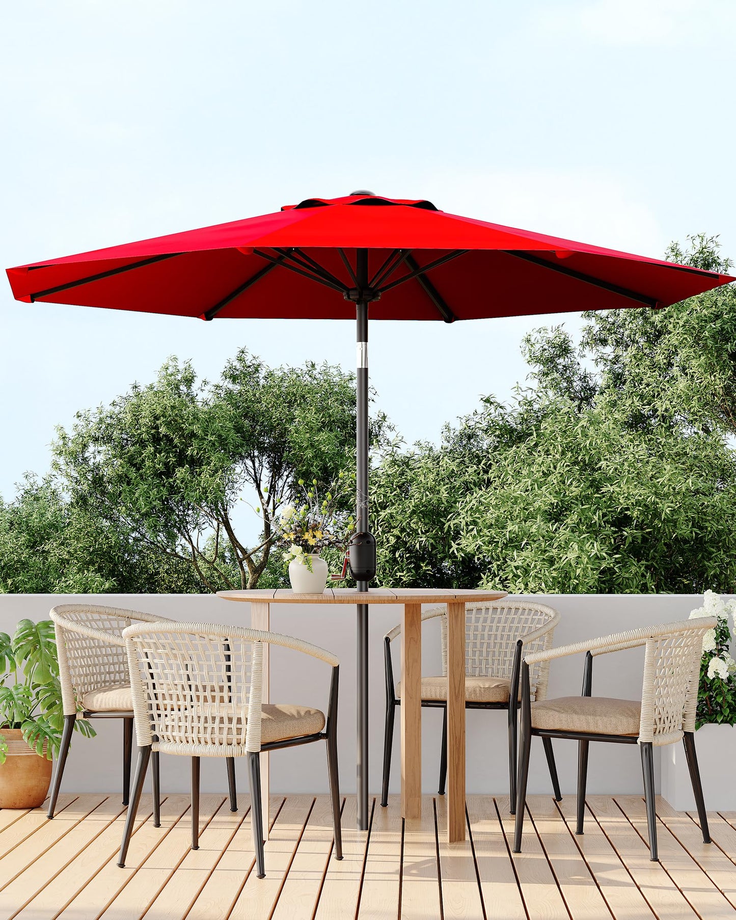 GarveeLife 9 ft Outdoor Patio Umbrella, Table Market Umbrella With Push Button Tilt and Crank, 8 Sturdy Ribs UV Protection Waterproof for Garden, Deck, Backyard, Pool (Red)