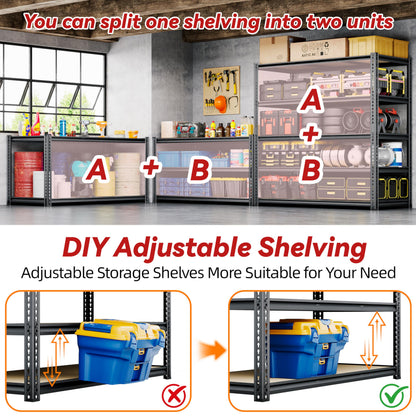 48"W Garage Shelving, 3050LBS Storage Shelves Heavy Duty, 5 Tier Metal Shelving Unit Adjustable Garage Shelves Heavy Duty Shelving for Warehouse,Commercial, Kitchen, 48" W × 24" D × 72" H, Black