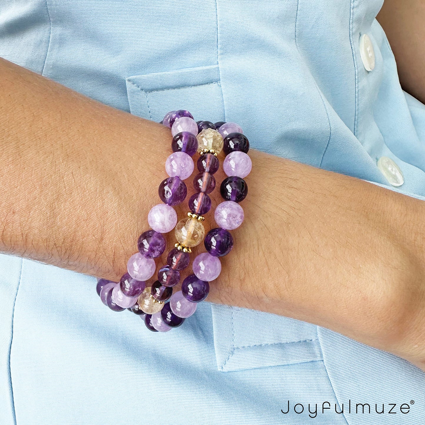 Joyfulmuze Stretch Bracelets, Natural Gemstones Amethyst, Citrine, Rose Quartz, Clear Crystal Quartz, Moomstone Peridot Teger Eyes, Handmade Gift for Women and Men (Amethyst Dark + Light)