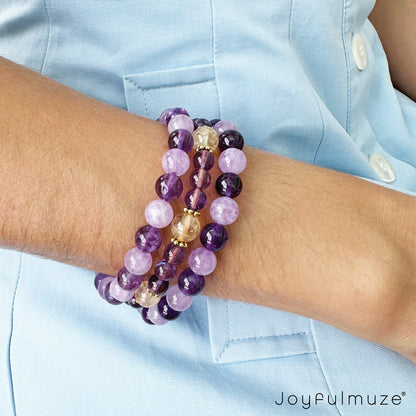 Joyfulmuze Stretch Bracelets, Natural Gemstones Amethyst, Citrine, Rose Quartz, Clear Crystal Quartz, Moomstone Peridot Teger Eyes, Handmade Gift for Women and Men (Amethyst Dark + Light)