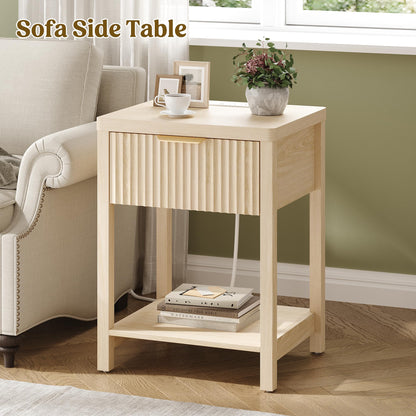Lulive Night Stand Set 2, Fluted Nightstand with Charging Station, Wood Modern Bedside End Table with Storage Drawer for Bedroom, Save Space (Set of 2, Natural Oak)