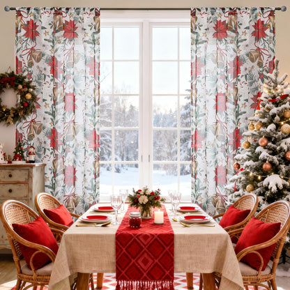 BROSHAN Red and Gold Christmas Sheer Curtains 63 inch Length 2 Panel Set- Xmas Bedroom Window Decoration Curtains in Poinsettias Floral Bells Patterned, Winter Holiday Living Room Curtain Drapes
