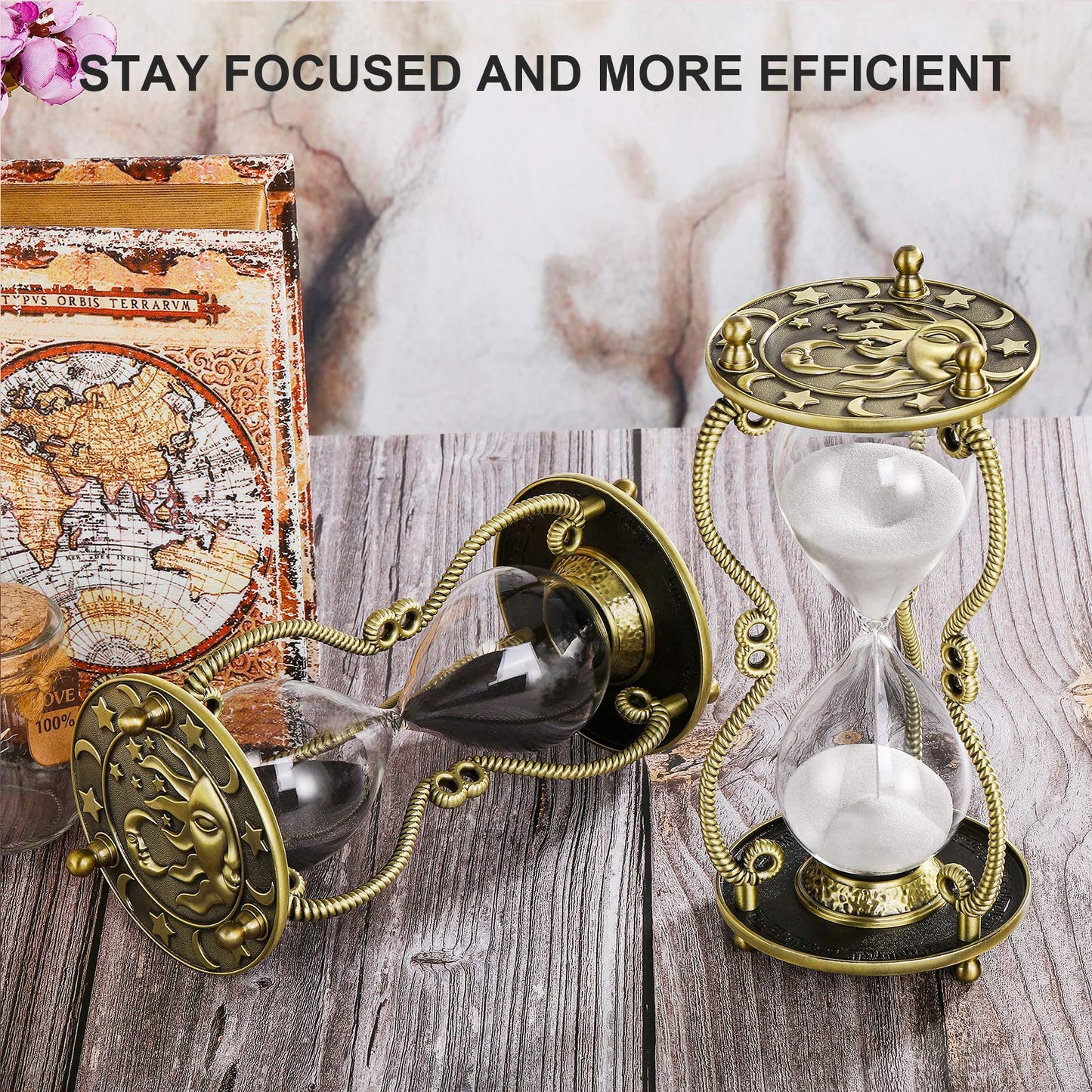 SuLiao Hourglass Sand Timer 60 Minute:Sun and Moon Engraving Brass Sand Clock, Metal White Sand Watch 60 Min,Antique Reloj De Arena 60 Minuots,Large 1 Hour Glass Sandglass for Gift Office Desk Decor