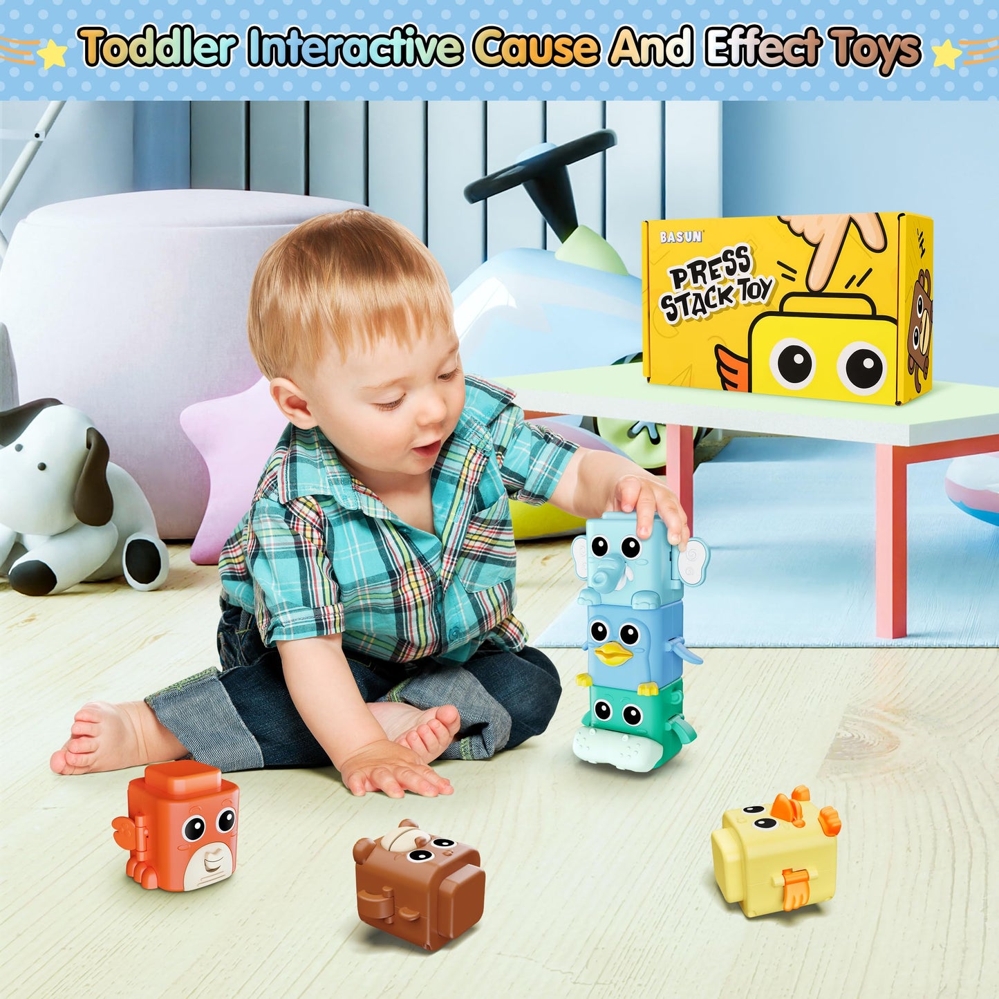 BASUN Stacking Toys Set for Toddlers 18+ Months, 6 in 1 Infant Sensory Toys with Changing Expressions, Pressable Animal Stacking Blocks, Christmas Birthday Gifts for 1 2 3 4 Years Old Baby Boys Girls