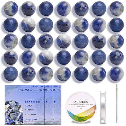 Aurehen Natural Gemstone Beads with Thread Needle Card as Complete Jewelry Making Kit, 120PCS 6mm Genuine Round Loose Energy Stone Spacer Beads, Smooth Healing Crystals for DIY Crafts (Blue Sodalite)