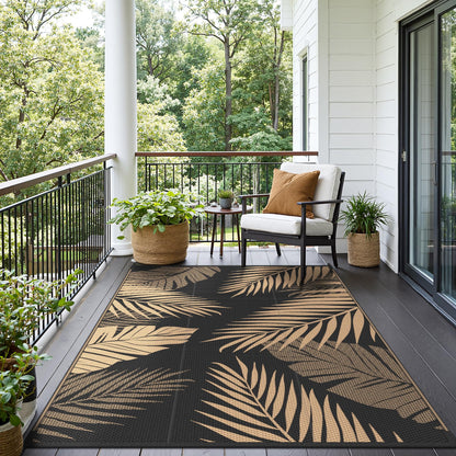 sarben Outdoor Rug 4’x6’ Waterproof for Patio Clearance, Reversible Indoor Outdoor Plastic Straw Camping Rug Carpet, RV Mat, Large Area Rug for Deck, Backyard, Balcony, Porch, Beach, Black & Brown