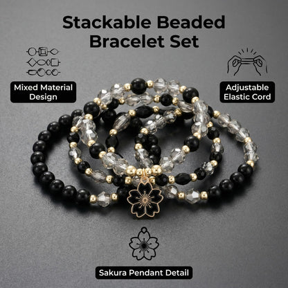 LOTSOF Boho Flower Beaded Bracelet Set for Women - Multilayer Crystal & Flower Charm Stackable Bracelets, Fashion Jewelry Gift for Her (Black)