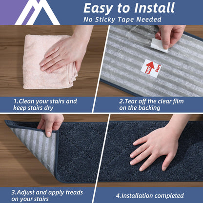 COSY HOMEER Edging Stair Treads Non-Slip Carpet Mat 28inX9in Indoor Stair Runners for Wooden Steps, Edging Stair Rugs for Kids and Dogs, 100% Polyester TPE Backing (15pc, Navy)