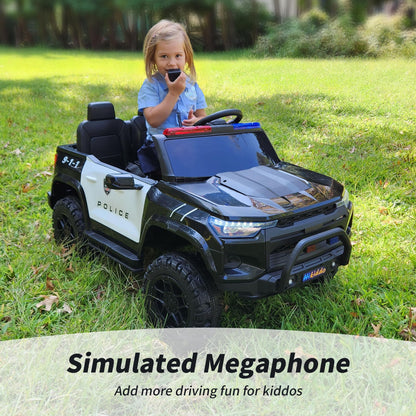 Hikiddo Electric Police Car for Kids 2 Seater, 24V 10AH Ride on Toy for Big Kids with Remote Control, 4x200W Motors, 5mph Max Speed - Black