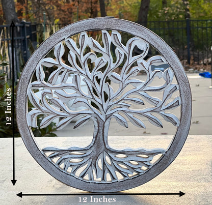 Wooden White Wash Tree of Life Wall Art Panel – 12 Inch Round Wood Carved Wall Hanging Sculpture | Indoor Outdoor Tree of Life Altar Panel Home & Office Wall Décor
