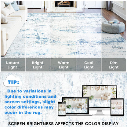 Area Rug Living Room Rugs: 5x7 Large Soft Indoor Carpet Modern Abstract Rug with Non Slip Rubber Backing for Under Dining Table Nursery Home Office Bedroom White Gray Blue