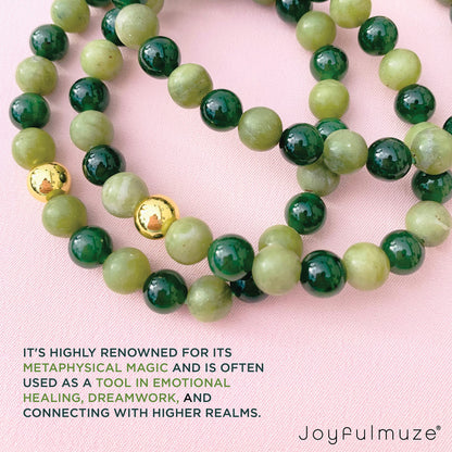 Joyfulmuze Natural Jade Serpentinite Stretch Bracelets, Premium Handmade Crystal Healing, Gemstone Beaded Gift For Men Women, Dark and Olive Green(Jade 17cm long)