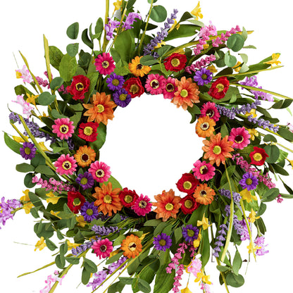 WSTPUPU Artificial Spring Wreath 22 Inch Summer Wreaths for Front Door with Green Eucalyptus Leaves Pink Daisy Lavender Spring Door Wreath for Farmhouse Wall Wedding Home Porch Easter