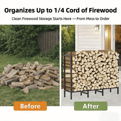 CADUKE Firewood Rack Outdoor, Adjustable 4FT to 2.64FT Heavy Duty Wood Racks for Firewood, Metal Log Rack Wood Storage for Indoor Fireplace Patio, Black