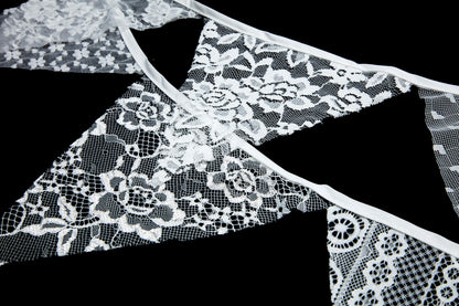 LOVENJOY White Floral Lace Pennant Banner, Fabric Triangle Lace Bunting Flag Garland - 10.8 Feet