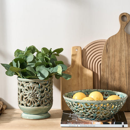 SIDUCAL Ceramic Fruit Bowl for Kitchen Counter,Decorative Fruit Basket with Holes, 10.43" Large Hollow Out Fruit Vegetable Holder Bowl for Table Decor, Blue