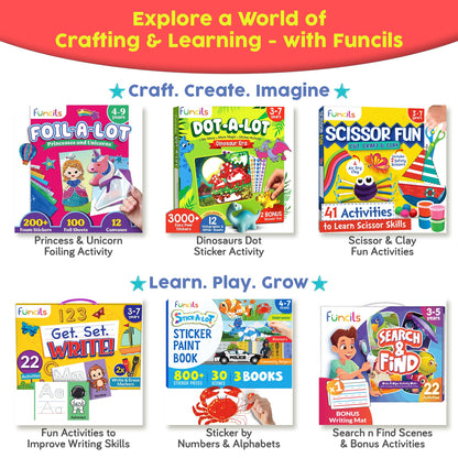 Funcils Toddler Scissor Skills - Art Supplies & Crafts Kit for Kids, Safety Scissors, Fine Motor Toys, Montessori Gifts for Boys & Girls Ages 3, 4, 5, 6, 7 Year Old, Preschool Learning Activity Books