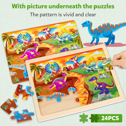 SYNARRY Large Wooden Dinosaur Puzzles for Toddlers 3-5, Wood Puzzles for Kids Ages 4-6, Dinosaur Toys for Kids 3-5, Preschool Educational Learning Toys, Easter Basket Stuffers for Boys Girls