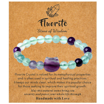 XIANNVXI Fluorite Bracelet for Women - Cute Cat Lover Gift - Natural Crystal Stretch Bracelet - 8mm Beaded Jewelry