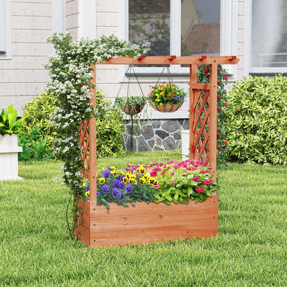 Giantex Raised Garden Bed with 2-Sided Trellis & Hanging Roof, Fir Wood Planter Box w/Drainage Holes, Freestanding Garden Planter for Flowers Herbs Climbing Vines (43"x15"x45")