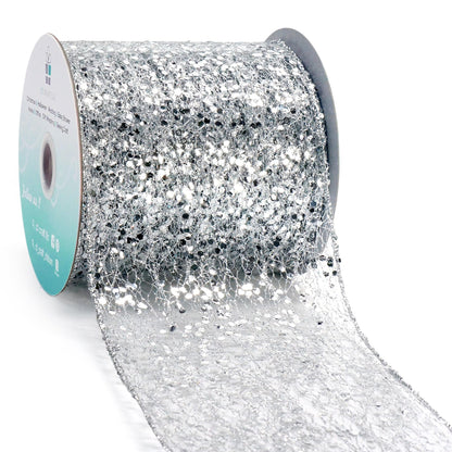 CT CRAFT LLC Sparkling Glitter Mesh Wired Ribbon 4" x 10 Yards Silver for Christmas Home Decor Bow Gift Wrapping DIY Crafts Wreath