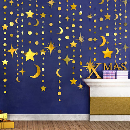 Gold Star Moon Circle Dot Garland Party Decorations Kit Hanging Crescent and Twinkle Little Star Streamer Bunting Banner for Kids Room First Birthday Ramadan EID Mubarak Baby Shower Wedding Engagement