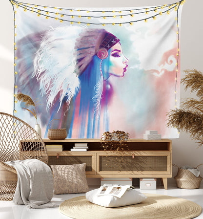 Ambesonne Tribal Tapestry, Girl Smoking Traditional Clothes Abstract Watercolor Background Illustration, Wide Wall Hanging for Bedroom Living Room Dorm, 60" X 40", Multicolor Purple