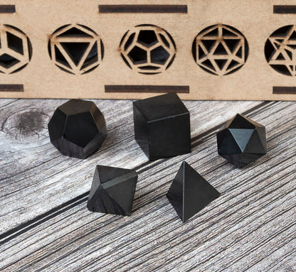 Crocon Black Tourmaline 5Pcs Platonic Solids Crystal Geometry Set, Platonic Solids Sacred Geometric Stones for Meditation Reiki Balancing Healing Chakra Stone Cleansing Spiritual Good Luck (15-20 mm)