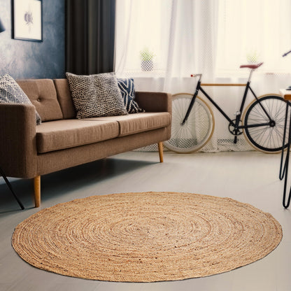 Hausattire Hand Woven Jute Braided Rug, 4’ Round – Natural, Reversible Boho Entry Area Rugs for Kitchen, Living Room I Farmhouse Decorative Floor Rug, 4 Feet Round