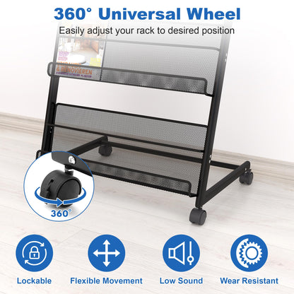 Qriocioa Brochure Display Stand 4 Layer Floor-Standing Magazine Rack Literature Newspaper Catalog Display Holder with Wheels and Top Billboard for Exhibitions,School, Hotel, Hospitals, Offices (Black)